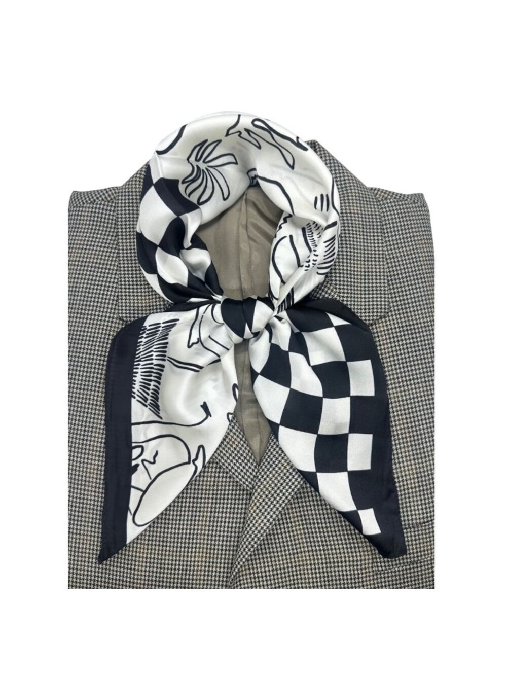 ⭐Black White Checkered Silky Satin Scarf Figural Print Luxury Square Fashion New
